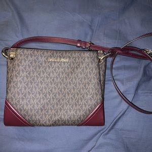 Michael Kors brown and maroon monogrammed crossbody purse